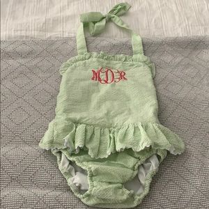 green monogrammed seersucker swimsuits sz 5